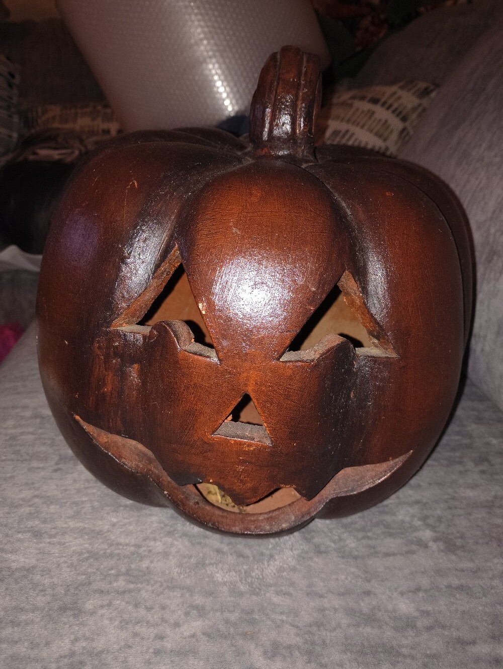 Ceramic Pumpkin Jack-O'-Lantern - Brown Decorative Accent